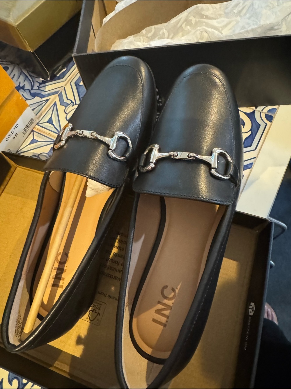 INC International Concepts Black Leather Loafers with Silver Buckle Accent